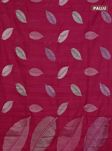 Semi raw silk saree dark pink with leaf embroidery buttas in borderless style