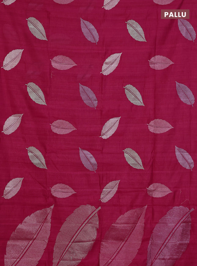 Semi raw silk saree dark pink with leaf embroidery buttas in borderless style