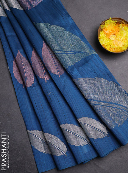 Semi raw silk saree peacock blue with leaf embroidery buttas in borderless style