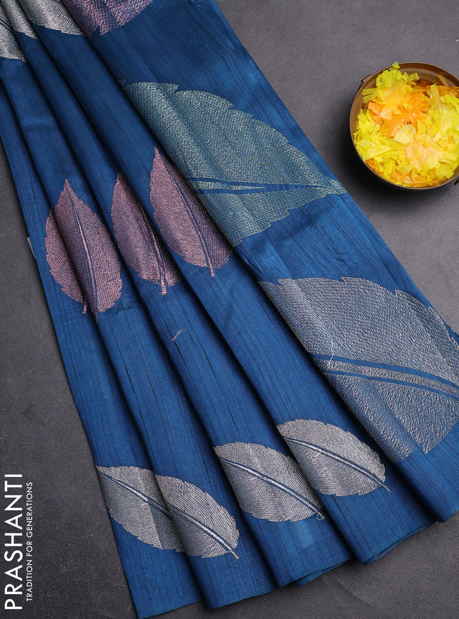 Semi raw silk saree peacock blue with leaf embroidery buttas in borderless style
