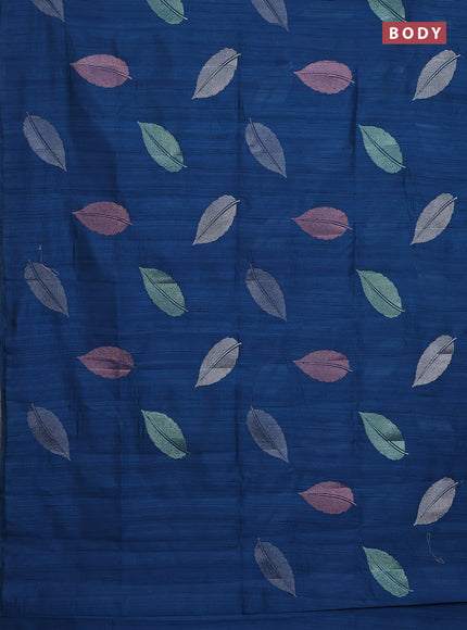 Semi raw silk saree peacock blue with leaf embroidery buttas in borderless style