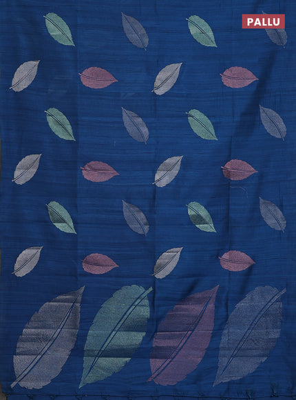 Semi raw silk saree peacock blue with leaf embroidery buttas in borderless style