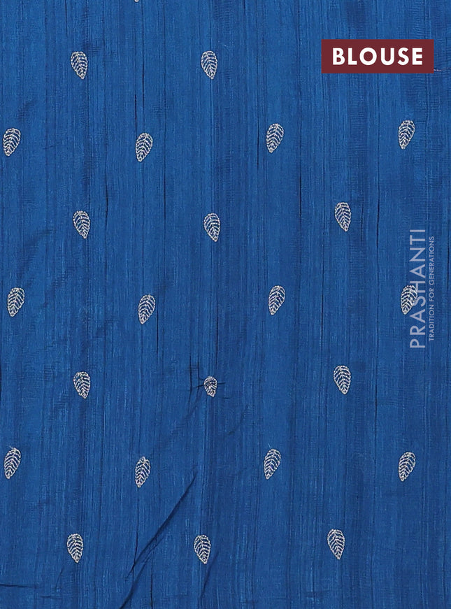Semi raw silk saree peacock blue with leaf embroidery buttas in borderless style