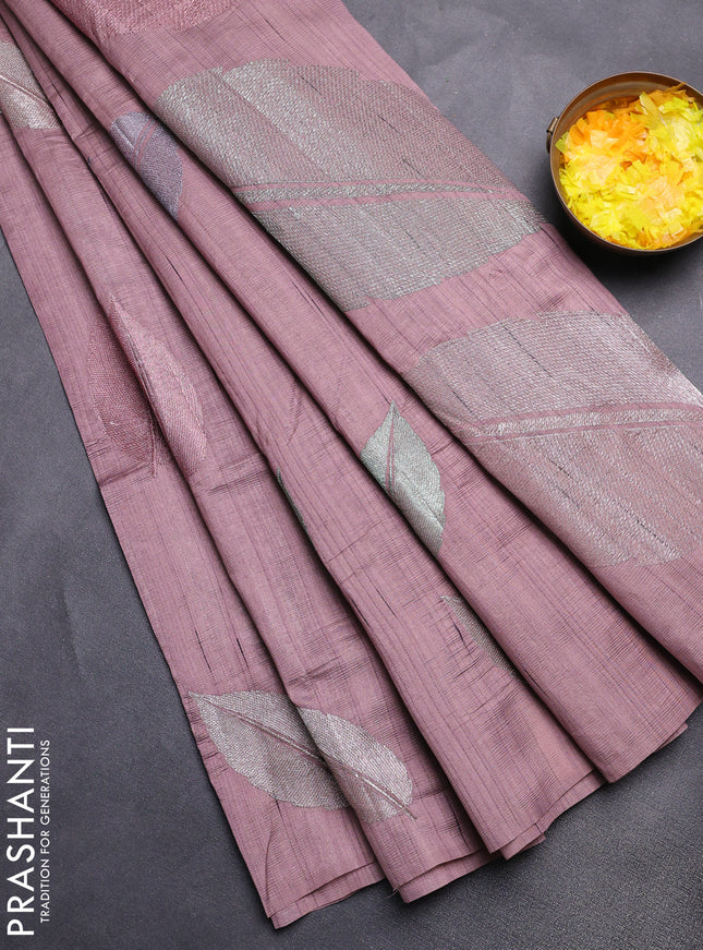 Semi raw silk saree rosy brown with leaf embroidery buttas in borderless style