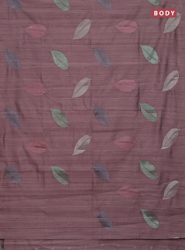 Semi raw silk saree rosy brown with leaf embroidery buttas in borderless style
