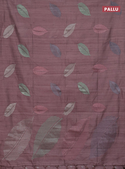 Semi raw silk saree rosy brown with leaf embroidery buttas in borderless style