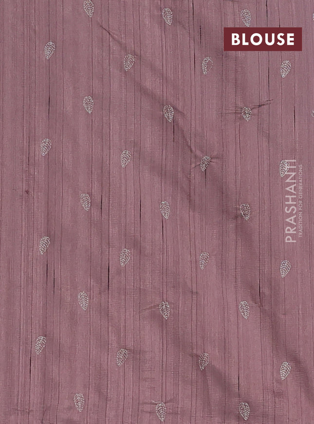 Semi raw silk saree rosy brown with leaf embroidery buttas in borderless style
