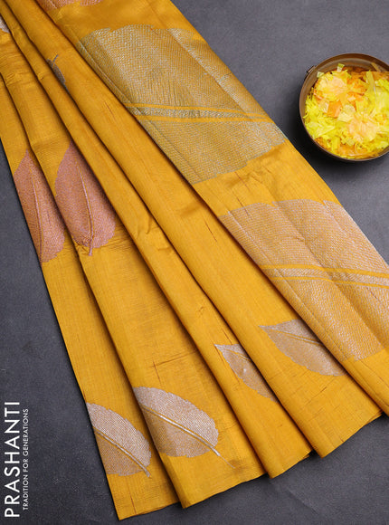 Semi raw silk saree mustard yellow with leaf embroidery buttas in borderless style
