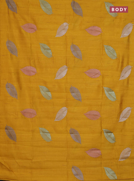 Semi raw silk saree mustard yellow with leaf embroidery buttas in borderless style