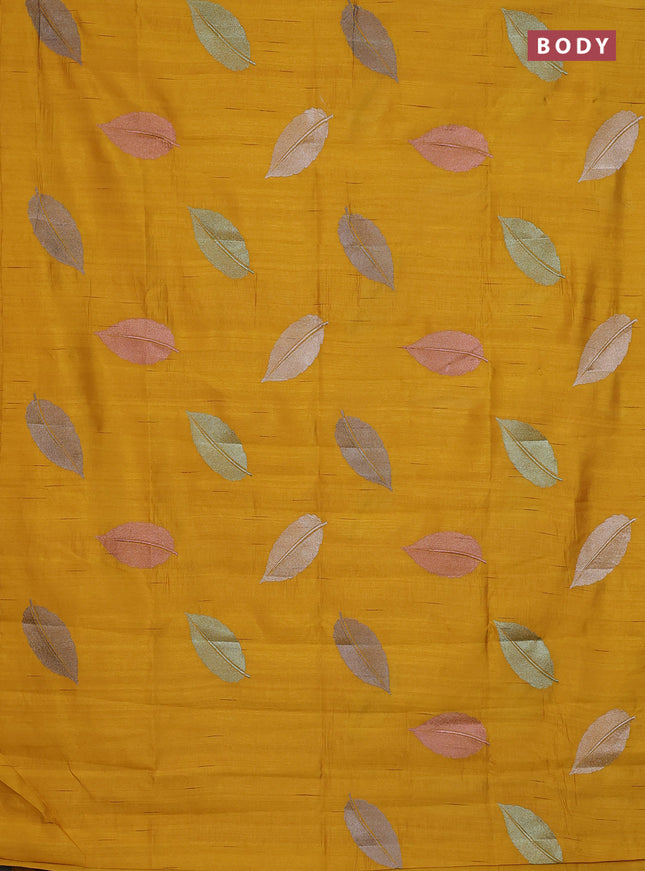 Semi raw silk saree mustard yellow with leaf embroidery buttas in borderless style
