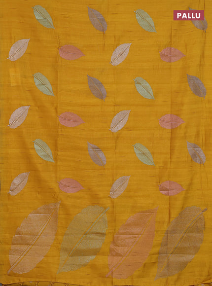 Semi raw silk saree mustard yellow with leaf embroidery buttas in borderless style