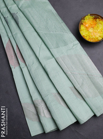 Semi raw silk saree pastel green with leaf embroidery buttas in borderless style