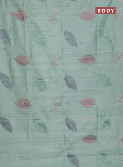 Semi raw silk saree pastel green with leaf embroidery buttas in borderless style