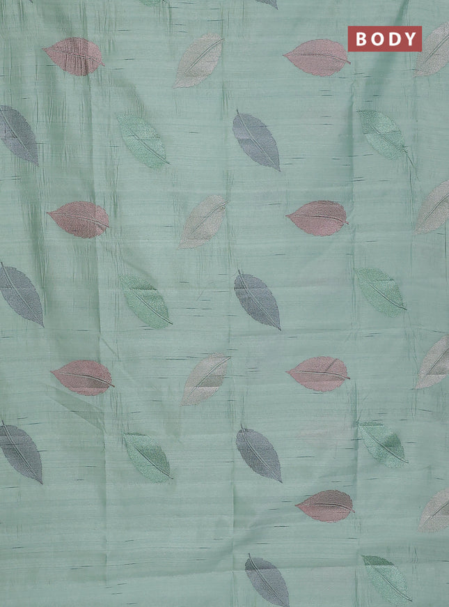 Semi raw silk saree pastel green with leaf embroidery buttas in borderless style