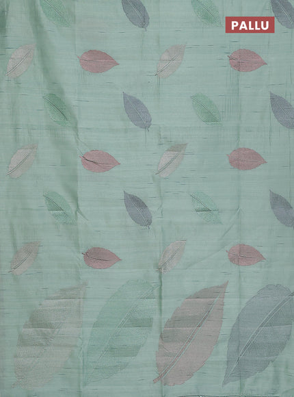 Semi raw silk saree pastel green with leaf embroidery buttas in borderless style