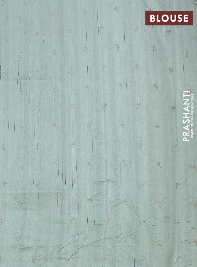 Semi raw silk saree pastel green with leaf embroidery buttas in borderless style