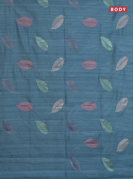 Semi raw silk saree pastel blue shade with leaf embroidery buttas in borderless style