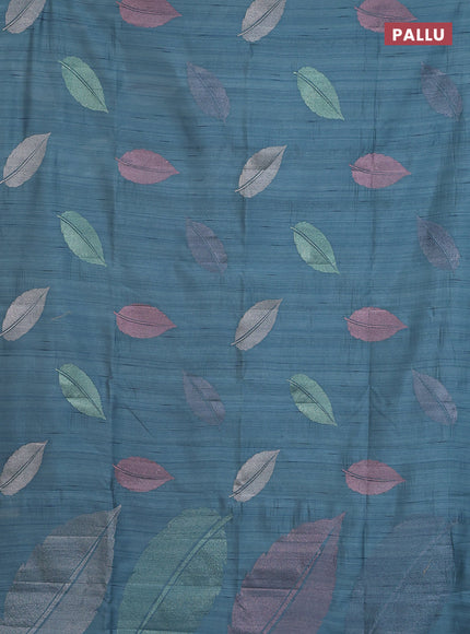 Semi raw silk saree pastel blue shade with leaf embroidery buttas in borderless style