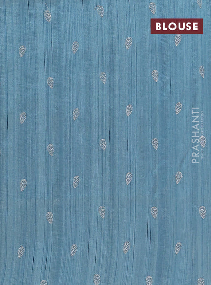 Semi raw silk saree pastel blue shade with leaf embroidery buttas in borderless style