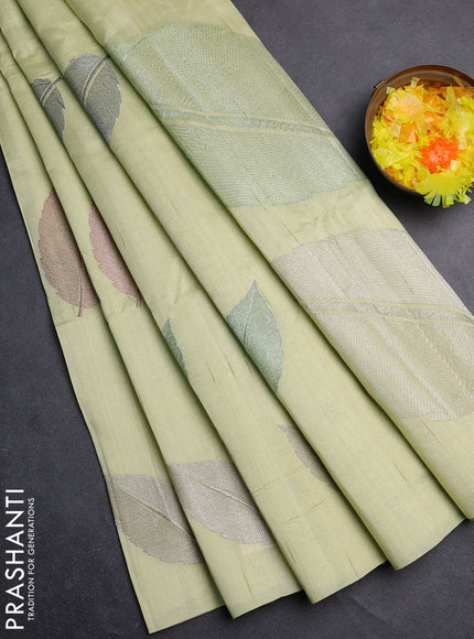 Semi raw silk saree pista green with leaf embroidery buttas in borderless style