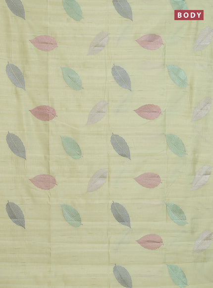 Semi raw silk saree pista green with leaf embroidery buttas in borderless style