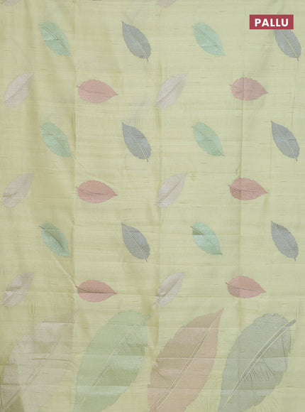Semi raw silk saree pista green with leaf embroidery buttas in borderless style