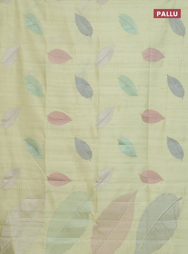 Semi raw silk saree pista green with leaf embroidery buttas in borderless style