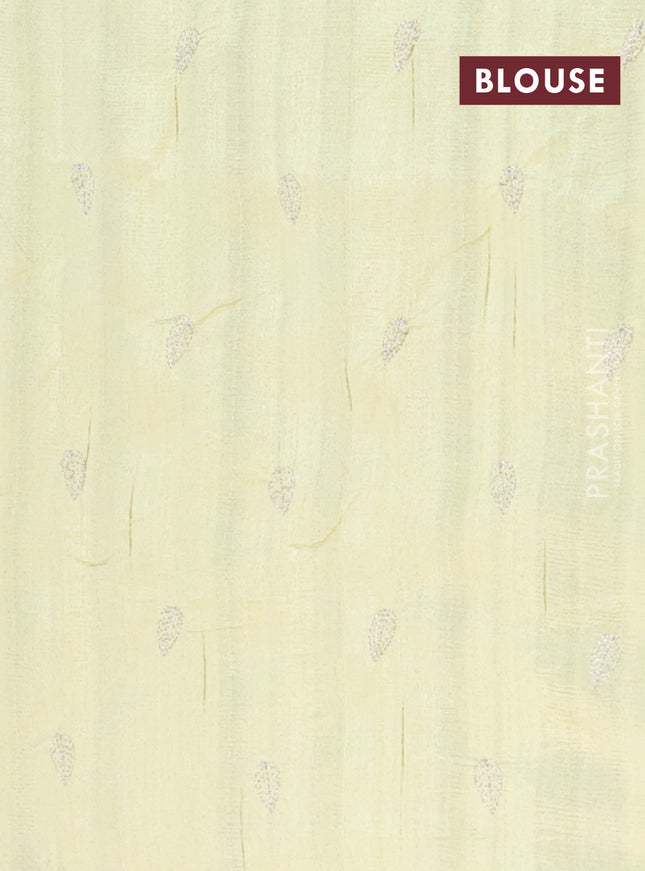 Semi raw silk saree pista green with leaf embroidery buttas in borderless style