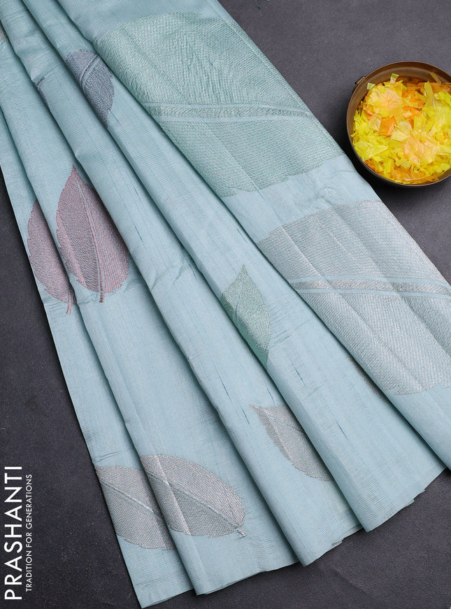 Semi raw silk saree pastel blue with leaf embroidery buttas in borderless style