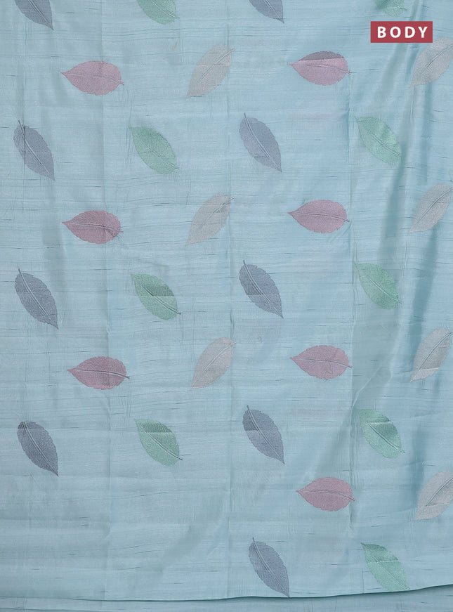 Semi raw silk saree pastel blue with leaf embroidery buttas in borderless style
