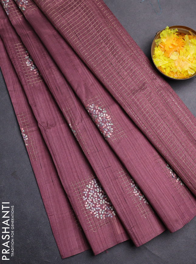 Semi raw silk saree rosy brown with embroidery buttas in borderless style