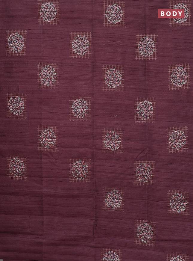 Semi raw silk saree rosy brown with embroidery buttas in borderless style