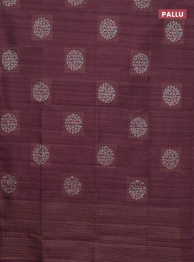 Semi raw silk saree rosy brown with embroidery buttas in borderless style