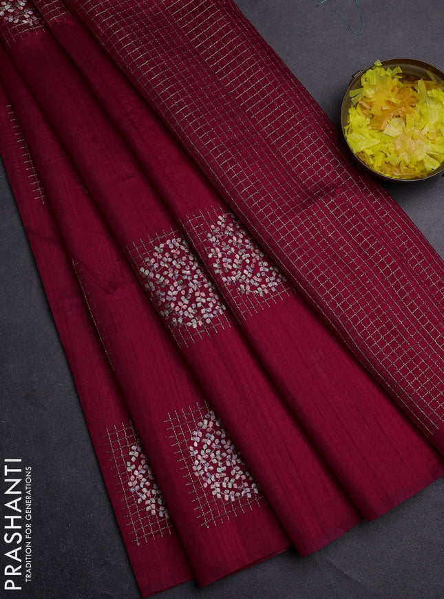 Semi raw silk saree dark pink with embroidery buttas in borderless style