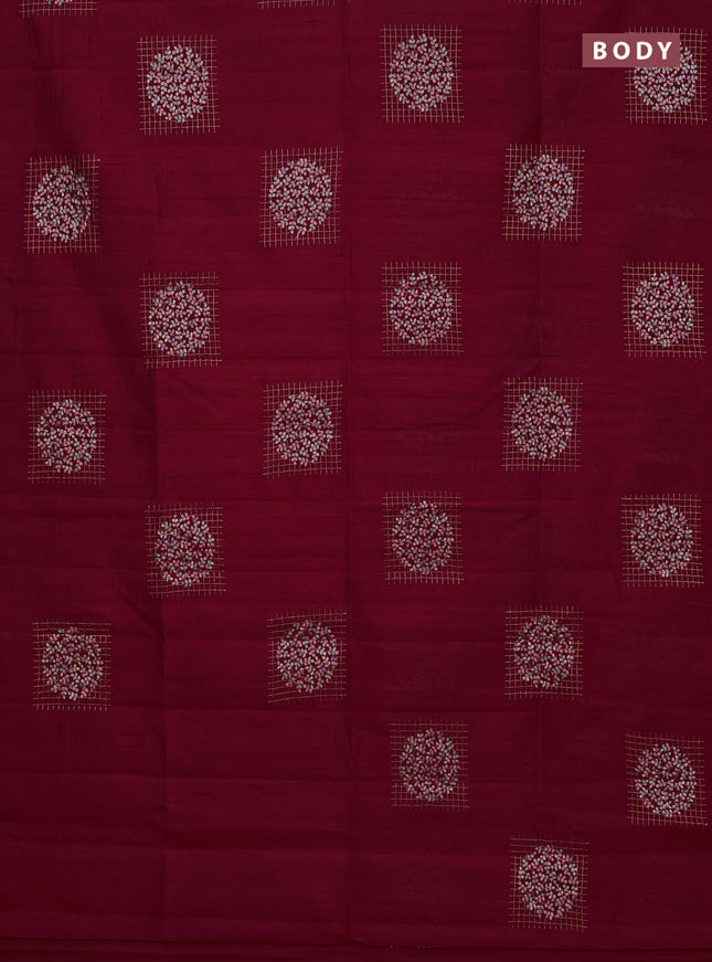 Semi raw silk saree dark pink with embroidery buttas in borderless style