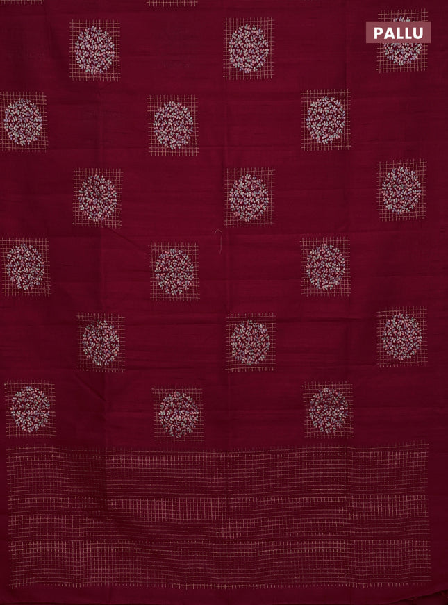 Semi raw silk saree dark pink with embroidery buttas in borderless style