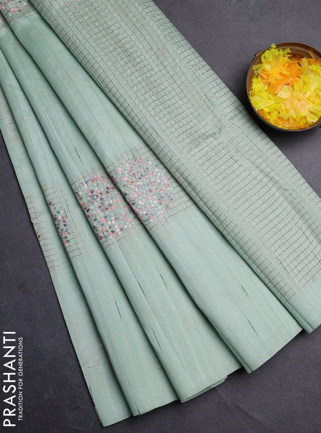 Semi raw silk saree pastel green with embroidery buttas in borderless style