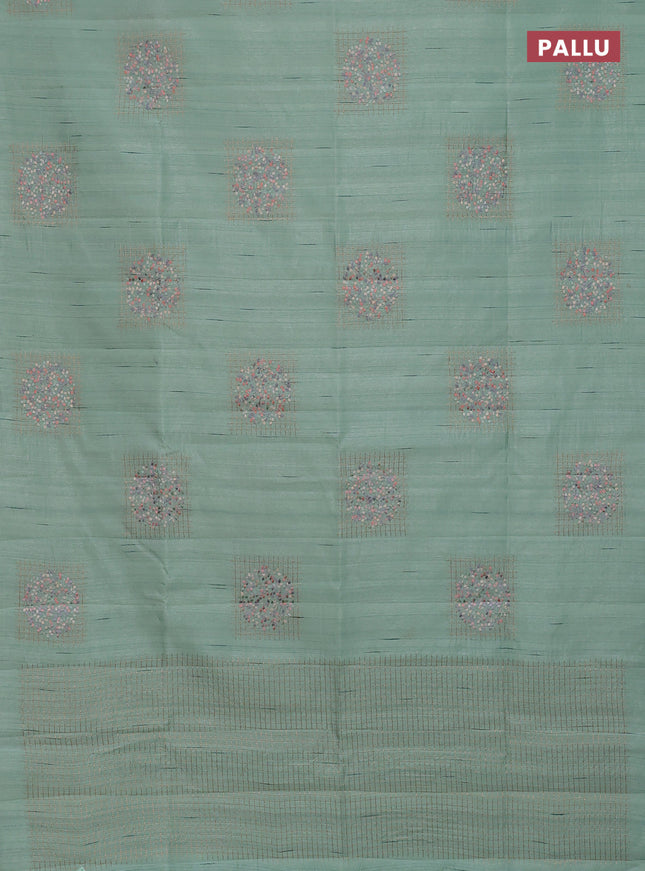 Semi raw silk saree pastel green with embroidery buttas in borderless style