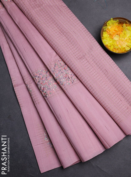 Semi raw silk saree pastel pink with embroidery buttas in borderless style
