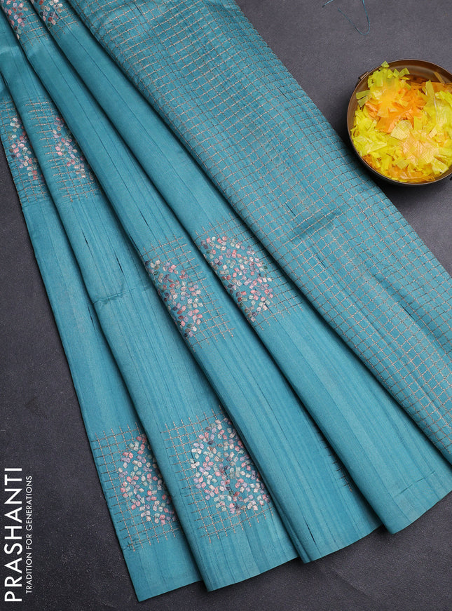 Semi raw silk saree teal blue with embroidery buttas in borderless style