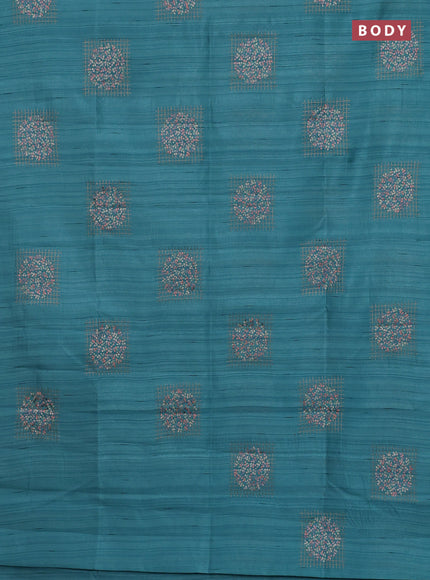 Semi raw silk saree teal blue with embroidery buttas in borderless style