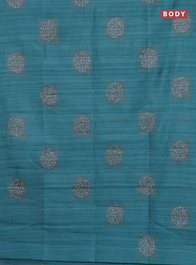 Semi raw silk saree teal blue with embroidery buttas in borderless style