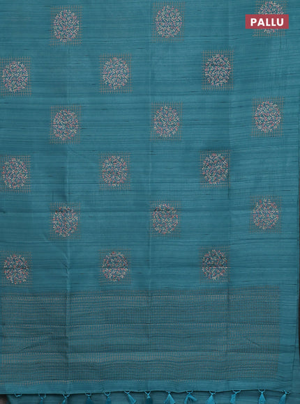 Semi raw silk saree teal blue with embroidery buttas in borderless style
