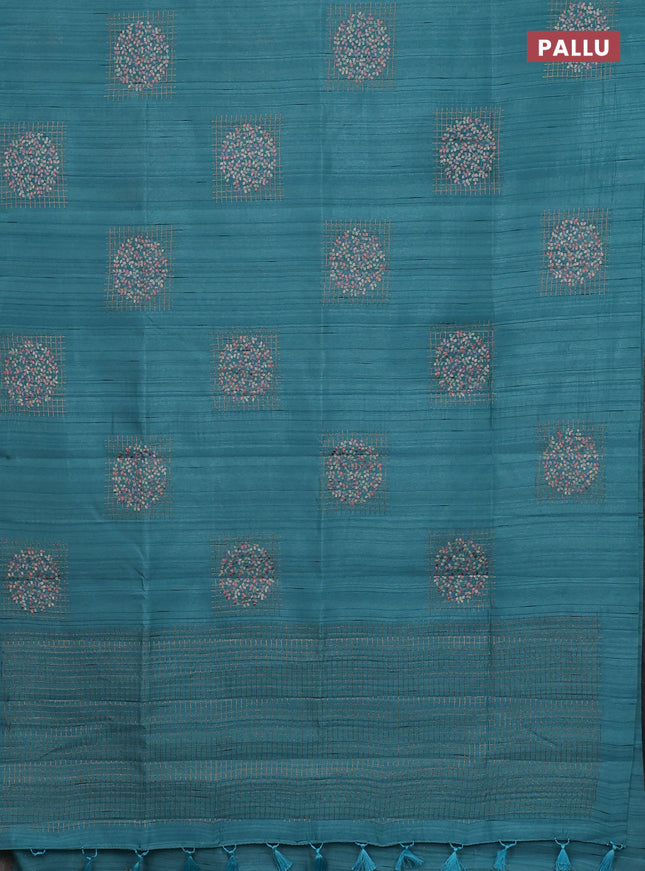 Semi raw silk saree teal blue with embroidery buttas in borderless style