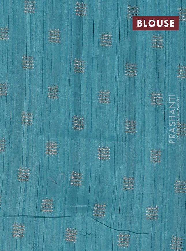 Semi raw silk saree teal blue with embroidery buttas in borderless style