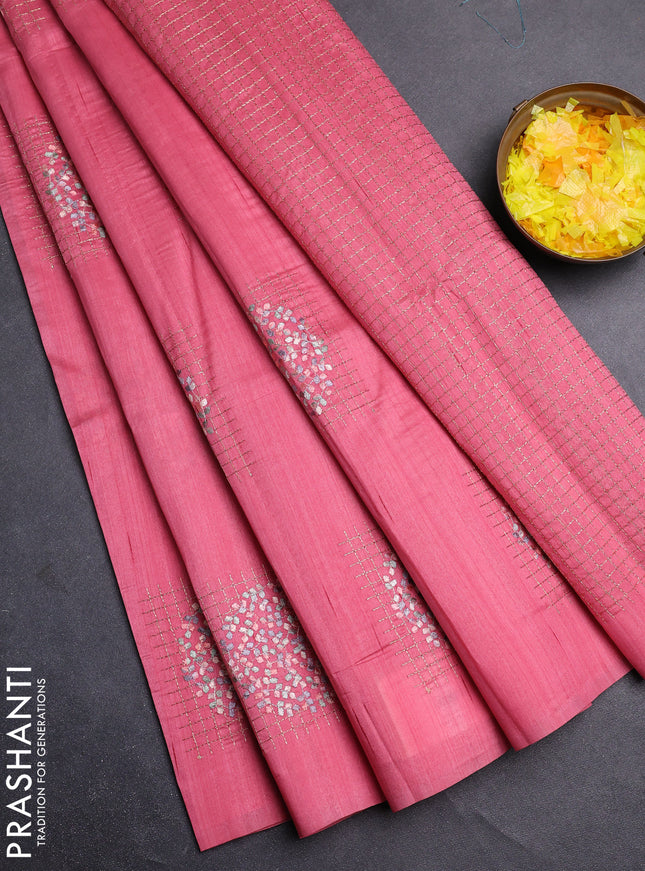 Semi raw silk saree peach pink with embroidery buttas in borderless style