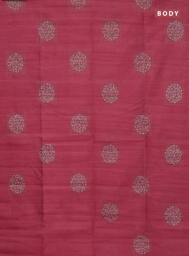 Semi raw silk saree peach pink with embroidery buttas in borderless style