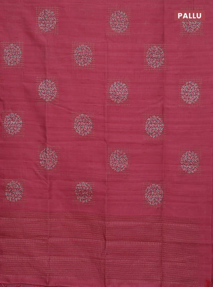 Semi raw silk saree peach pink with embroidery buttas in borderless style