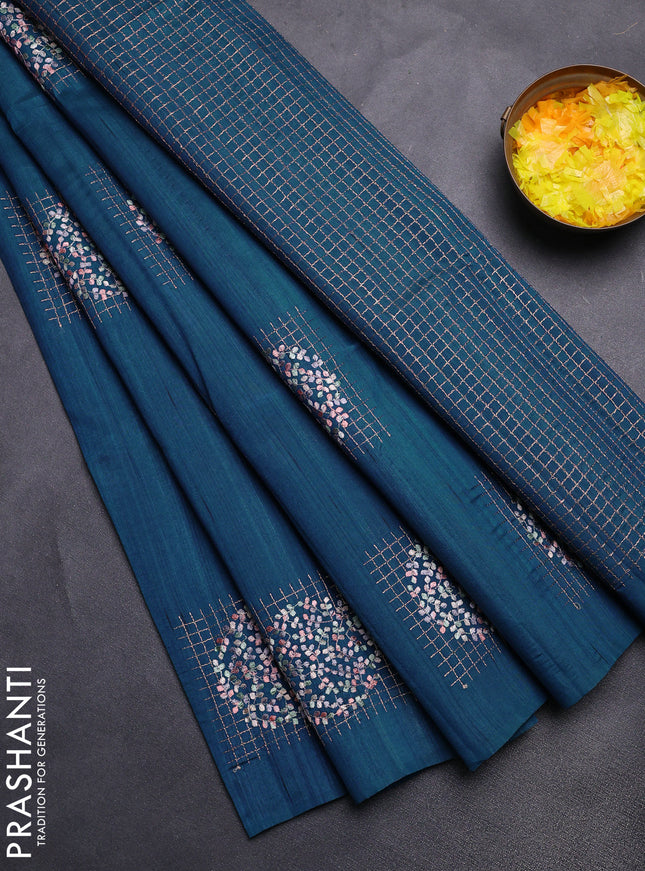 Semi raw silk saree peacock blue with embroidery buttas in borderless style