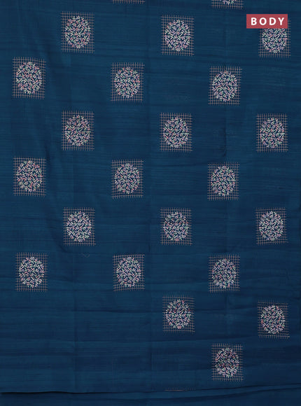 Semi raw silk saree peacock blue with embroidery buttas in borderless style